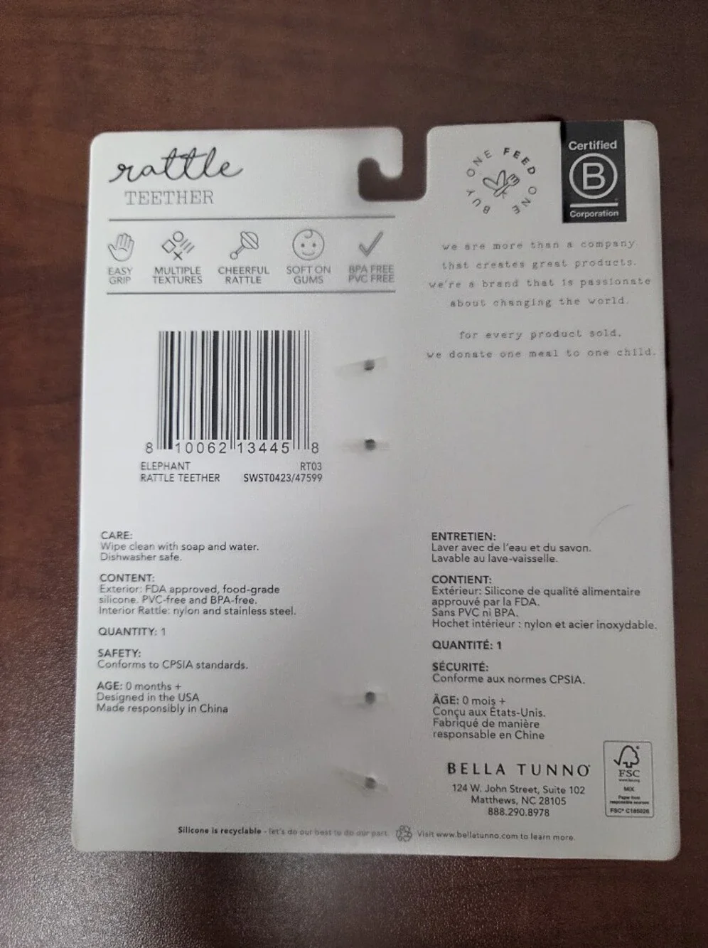 Bella Tunno Elephant Rattle Teether - Gray Nwt